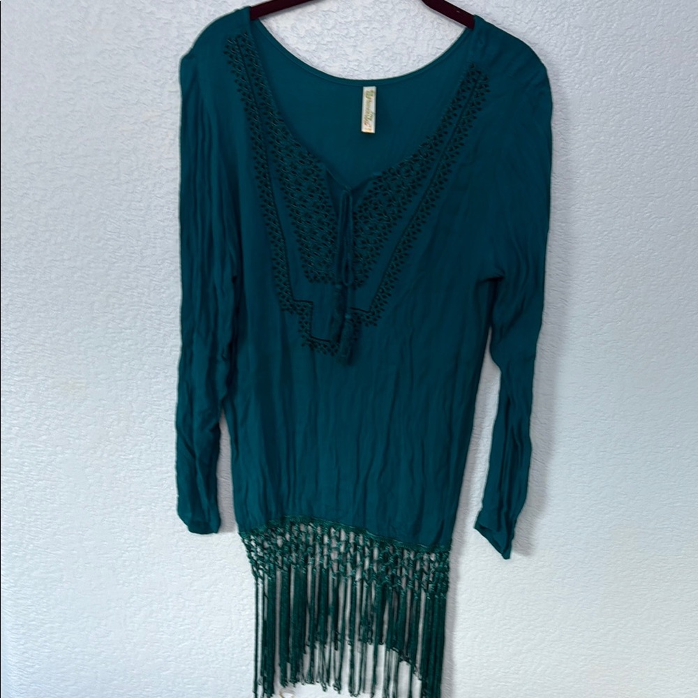 Shoreline Teal Long Sleeve Fringe swim cover up Top Size S/M